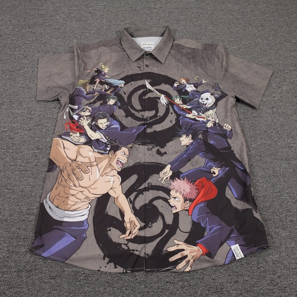Loungefly Shirt Mens Large Gray Jujutsu Kaisen Anime Short Sleeve Button Up